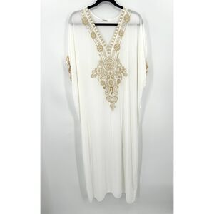 BSUBSEACH White Gold Embroidered Boho Beach Maxi Kaftan Swim Cover Up One Size